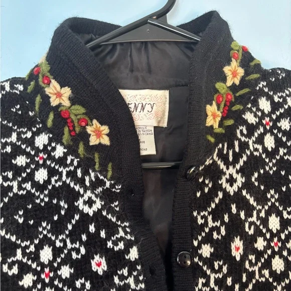 Jenny Sweater Cardigan Long Sleeve Size Medium Nordic Embroidered Floral Print - Picture 4 of 9